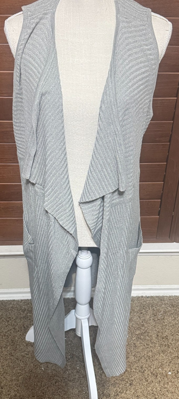 Double Zero Gray Sweater Vest Duster cardigan Lightweight Ribbed Open Long sz L
